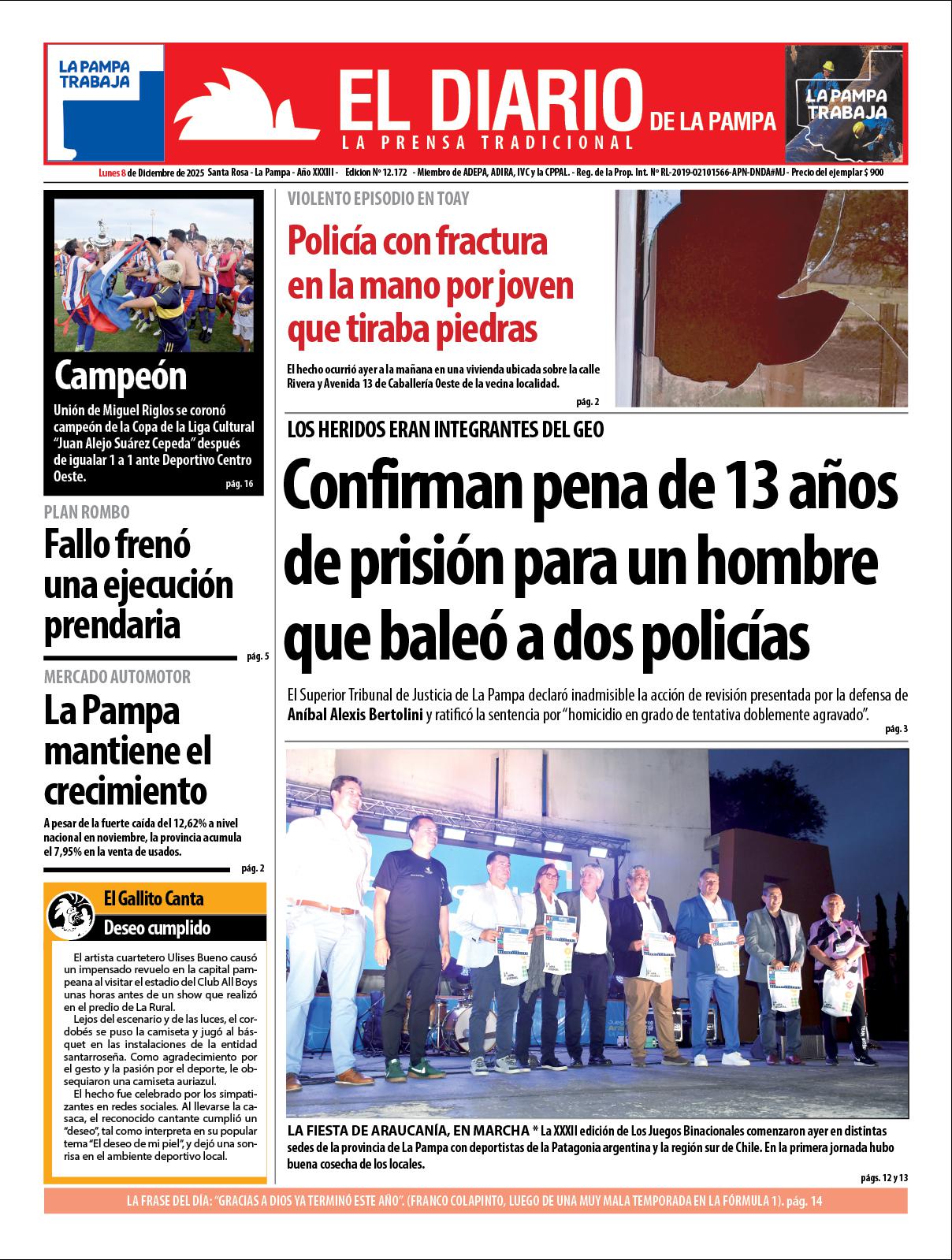 Tapa de El Diario en papel  lunes 08 de diciembre de 2025